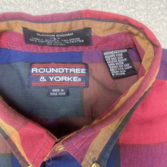 Vintage Roundtree Yorke Shirt Mens Large Long Sleeve Plaid Single Needle 90s - Picture 2 of 13